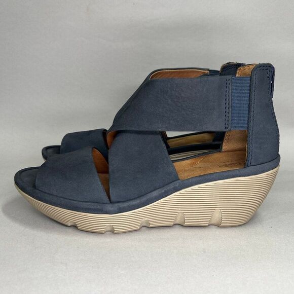 Clarks Artisan Clarene Galmor Sandals Women's Size 6.5 Blue Leather Wedge Sandal - Picture 4 of 12